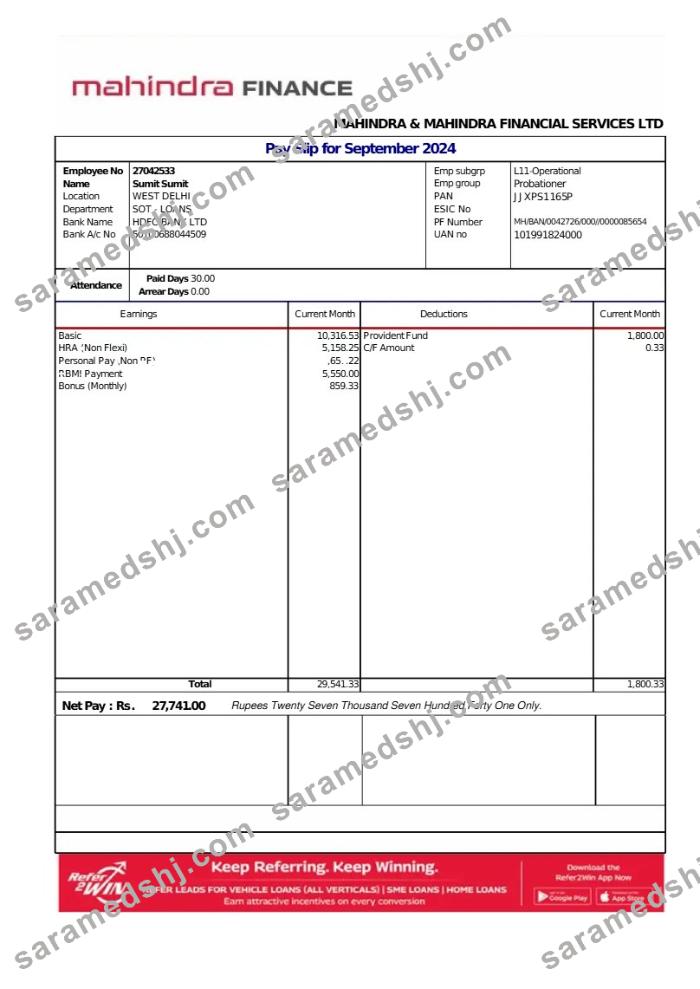 Mahindra Financial Services LTD payslip template in Word and PDF formats.pdf, 1